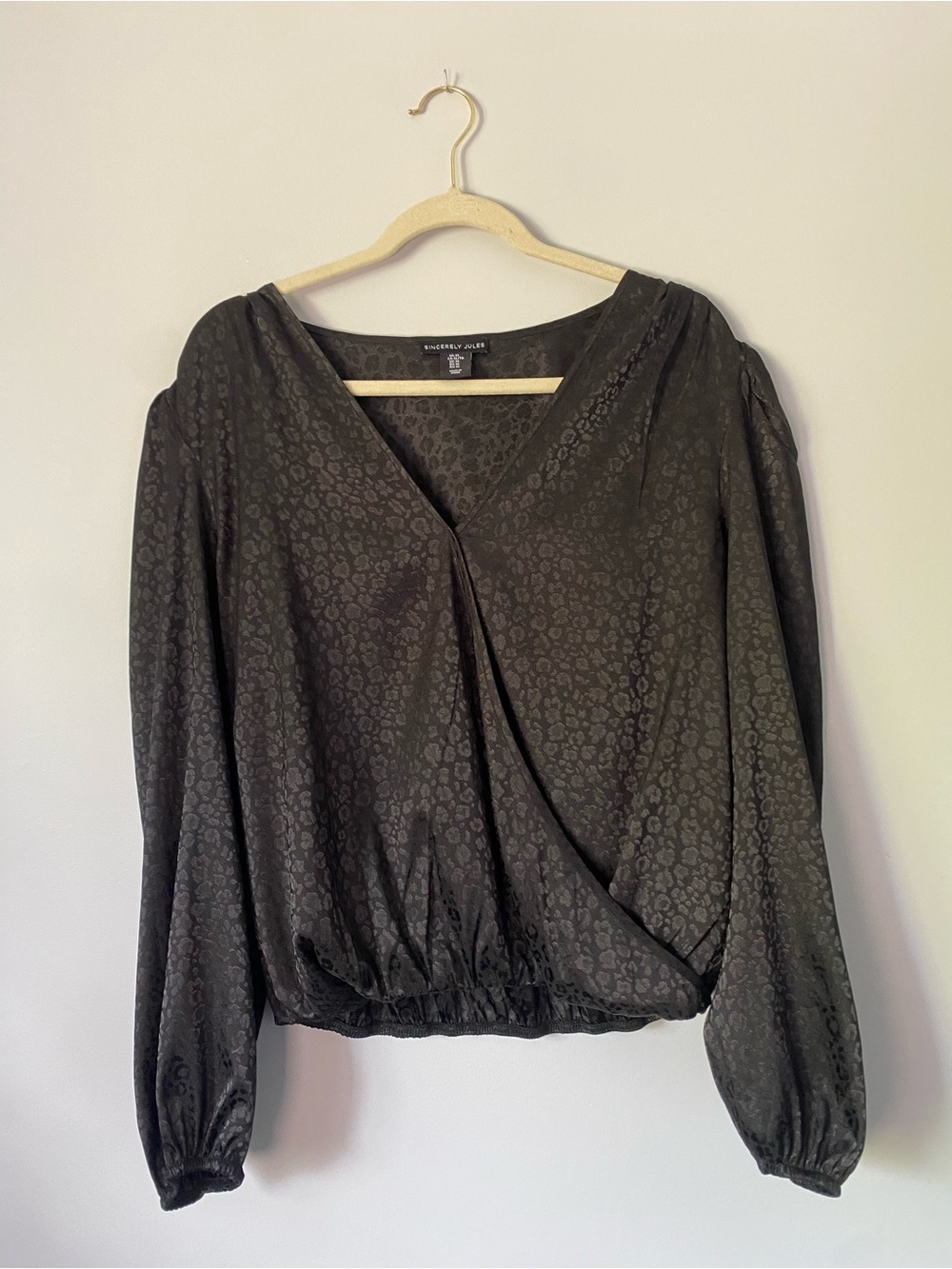 Sincerely Jules Black Satin Leopard Print Faux Wrap Blouse XL